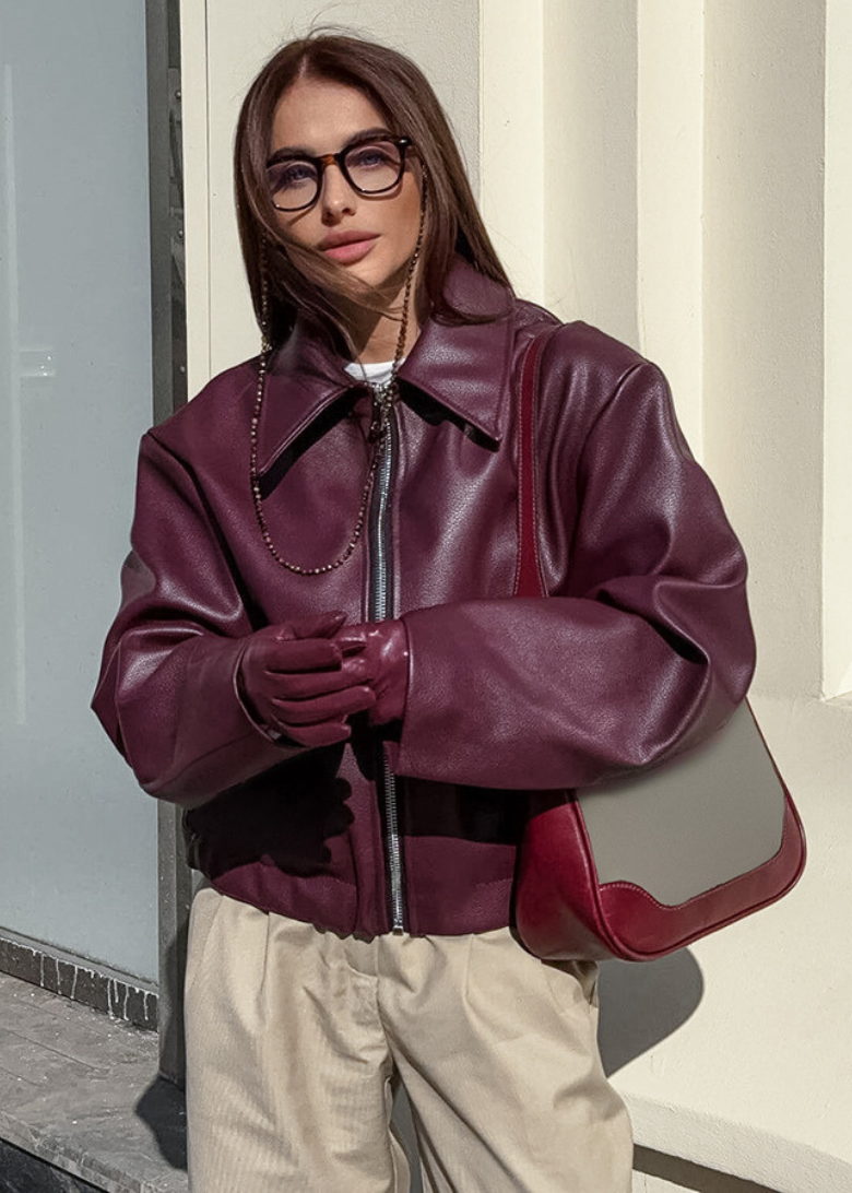 Women's Eco Leather Jacket with Zipper Pocket