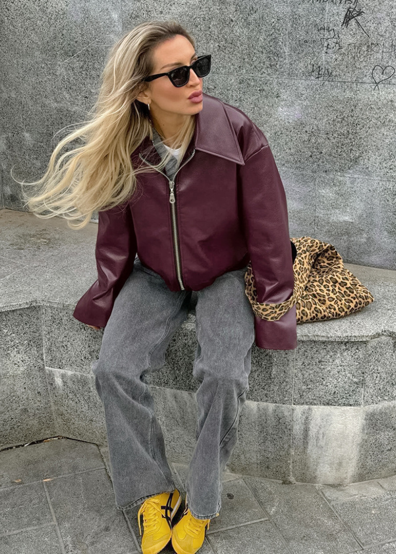 Women's Eco Leather Jacket with Zipper Pocket
