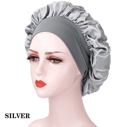 New Women's Satin Solid Wide-brimmed Sleeping Hat Unisex Head Wrap Elastic Band Cap Hair Care Bonnet Night Hat Bonnet De Nuit