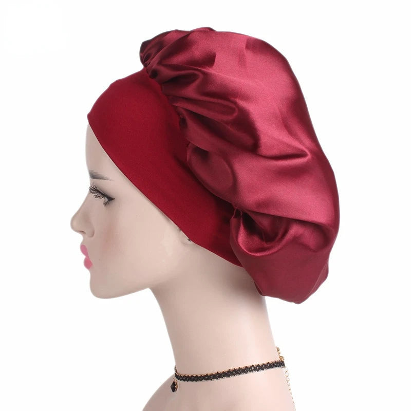 New Women's Satin Solid Wide-brimmed Sleeping Hat Unisex Head Wrap Elastic Band Cap Hair Care Bonnet Night Hat Bonnet De Nuit