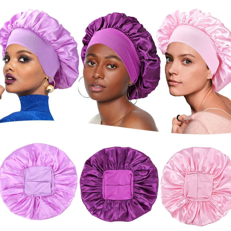 New Women's Satin Solid Wide-brimmed Sleeping Hat Unisex Head Wrap Elastic Band Cap Hair Care Bonnet Night Hat Bonnet De Nuit