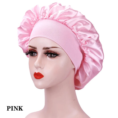 New Women's Satin Solid Wide-brimmed Sleeping Hat Unisex Head Wrap Elastic Band Cap Hair Care Bonnet Night Hat Bonnet De Nuit