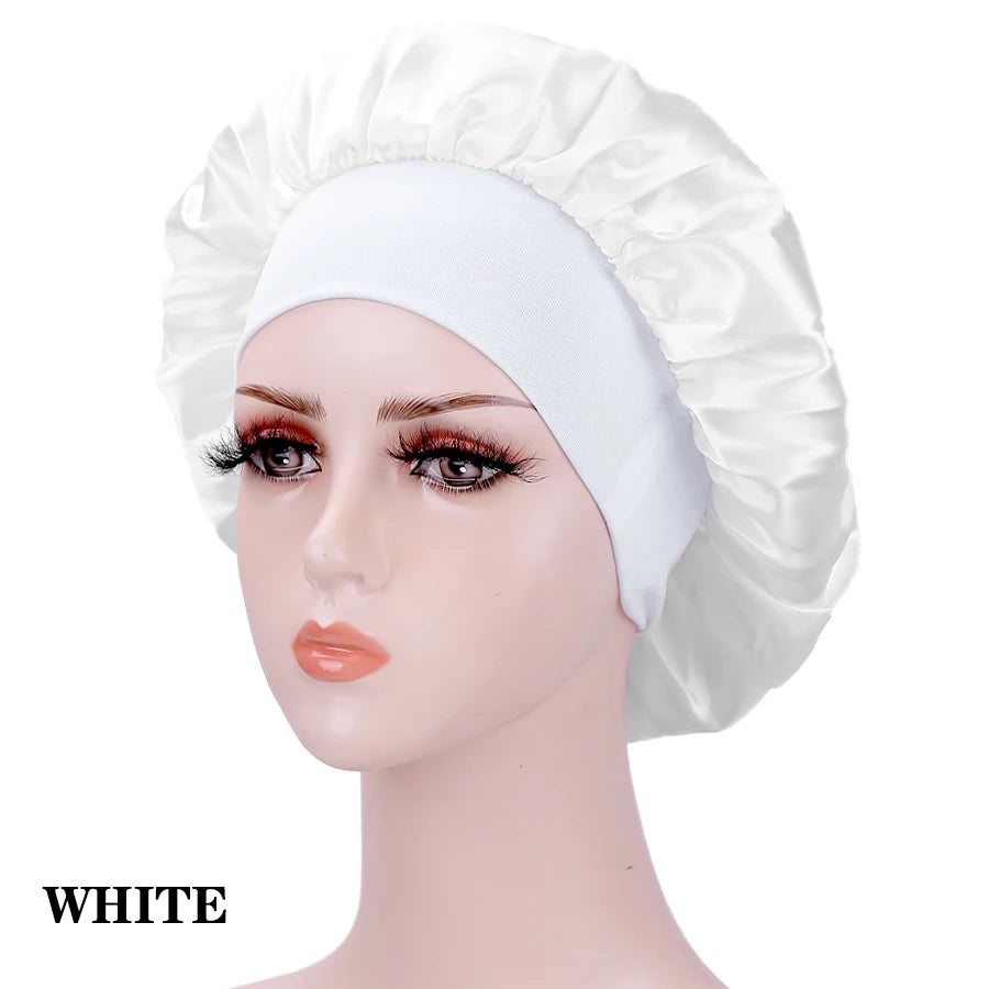 New Women's Satin Solid Wide-brimmed Sleeping Hat Unisex Head Wrap Elastic Band Cap Hair Care Bonnet Night Hat Bonnet De Nuit