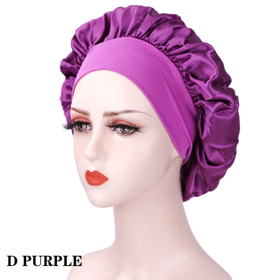 New Women's Satin Solid Wide-brimmed Sleeping Hat Unisex Head Wrap Elastic Band Cap Hair Care Bonnet Night Hat Bonnet De Nuit