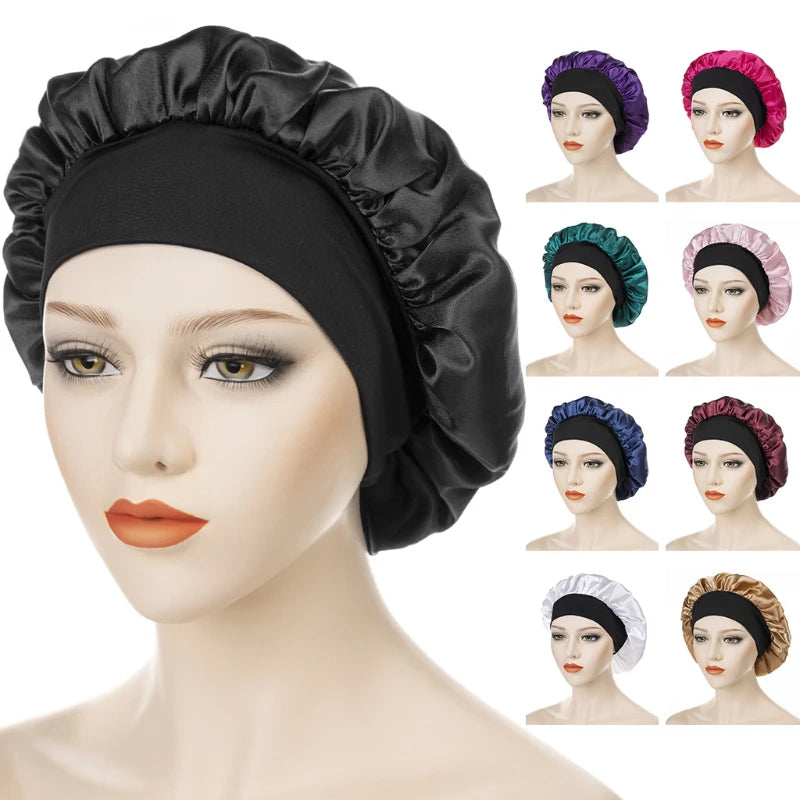 New Women's Satin Solid Wide-brimmed Sleeping Hat Unisex Head Wrap Elastic Band Cap Hair Care Bonnet Night Hat Bonnet De Nuit