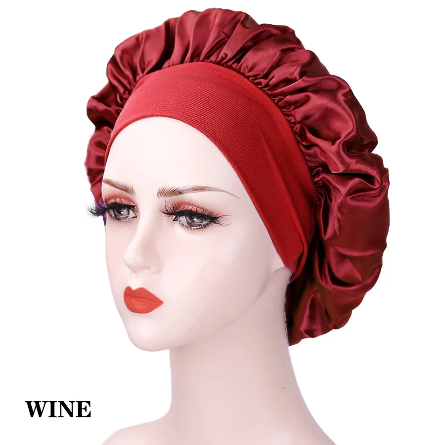 New Women's Satin Solid Wide-brimmed Sleeping Hat Unisex Head Wrap Elastic Band Cap Hair Care Bonnet Night Hat Bonnet De Nuit