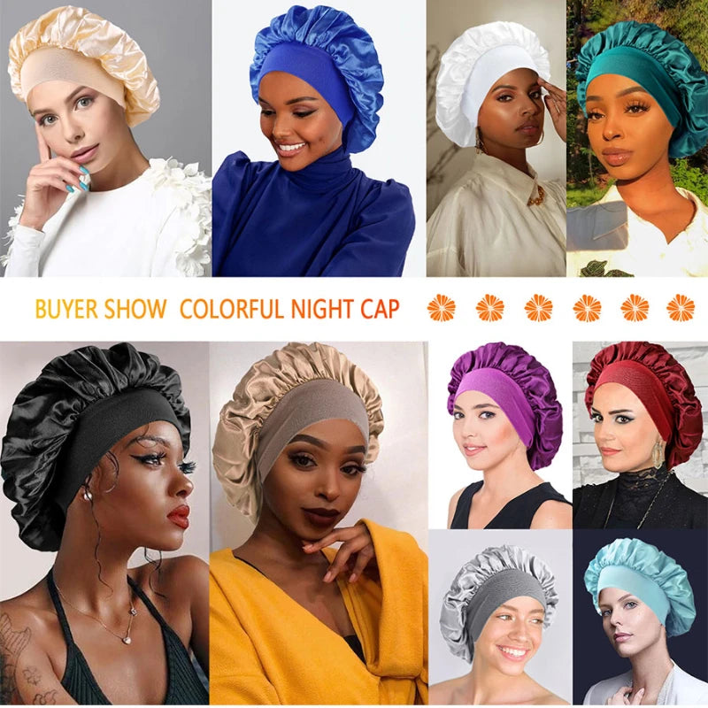 New Women's Satin Solid Wide-brimmed Sleeping Hat Unisex Head Wrap Elastic Band Cap Hair Care Bonnet Night Hat Bonnet De Nuit
