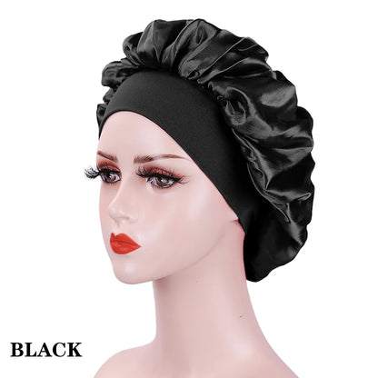 New Women's Satin Solid Wide-brimmed Sleeping Hat Unisex Head Wrap Elastic Band Cap Hair Care Bonnet Night Hat Bonnet De Nuit