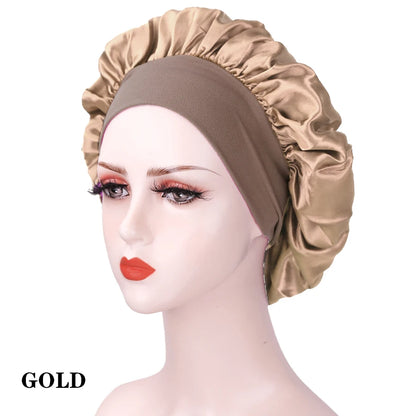 New Women's Satin Solid Wide-brimmed Sleeping Hat Unisex Head Wrap Elastic Band Cap Hair Care Bonnet Night Hat Bonnet De Nuit